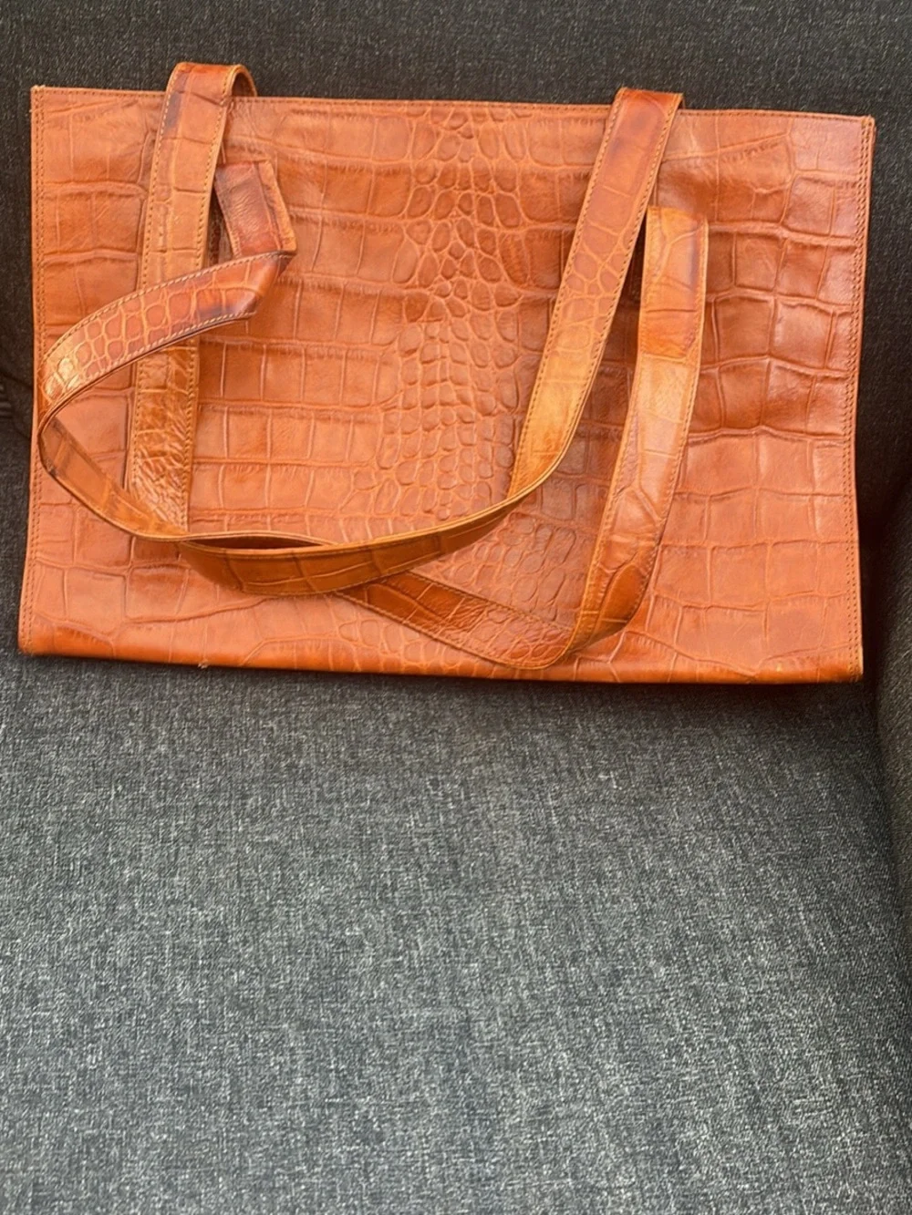 Women's Vintage Nordstrom Croc-Embossed Leather Tote Bag in Cognac